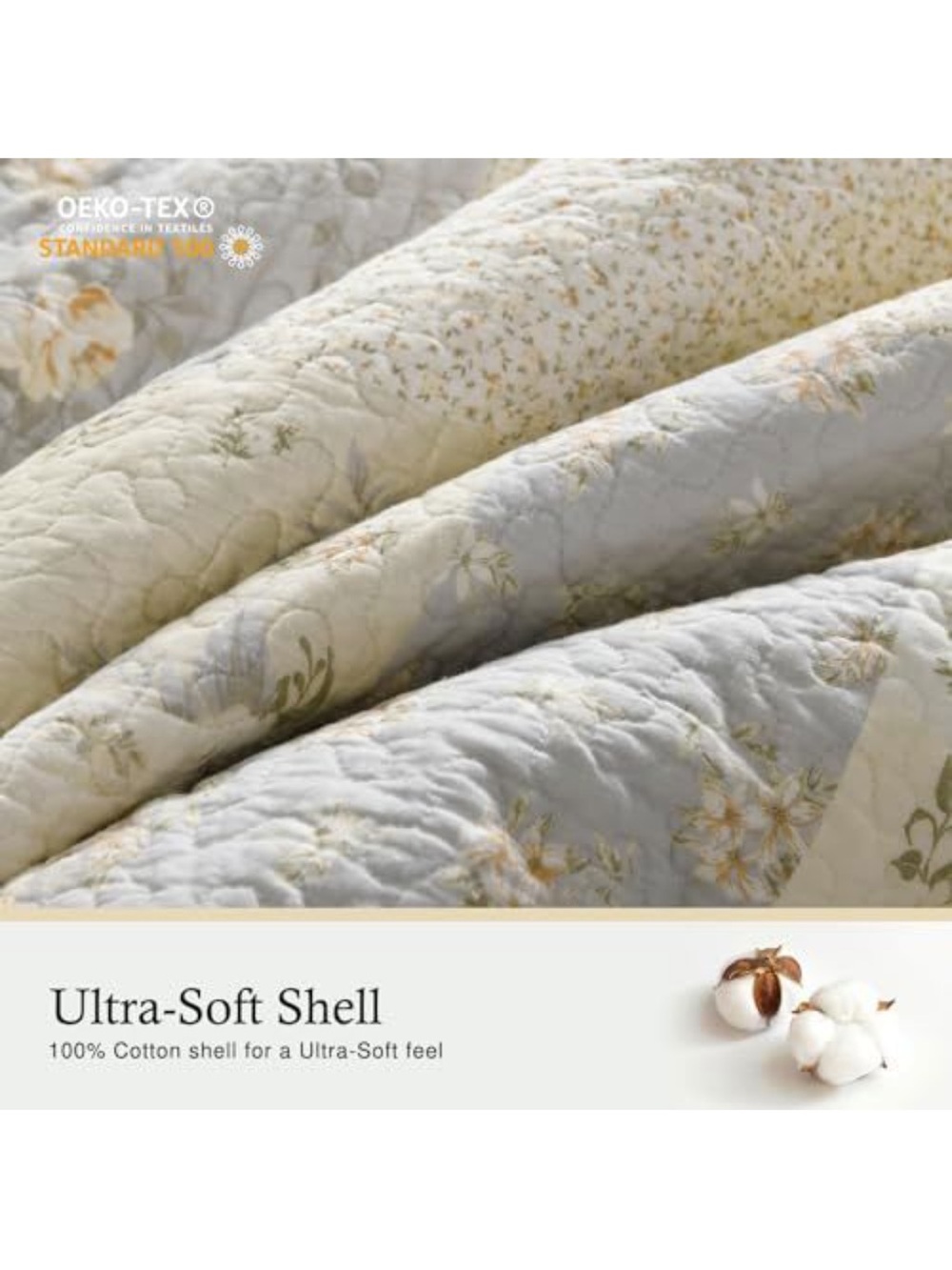 Vintage-Inspired Floral Patchwork Quilt Set in Cream and Light Blue - Picture 8 of 9